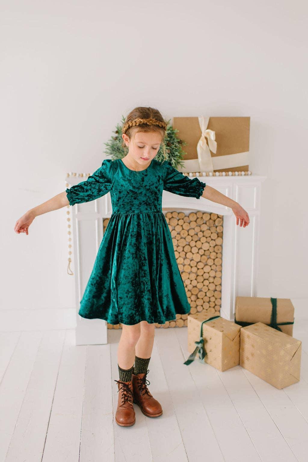 Ollie Jay - Pippa Dress in Crushed Green Velvet Girls Product Image