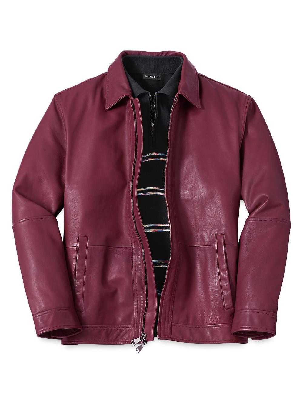 Leather Bomber Jacket - Burgundy Product Image