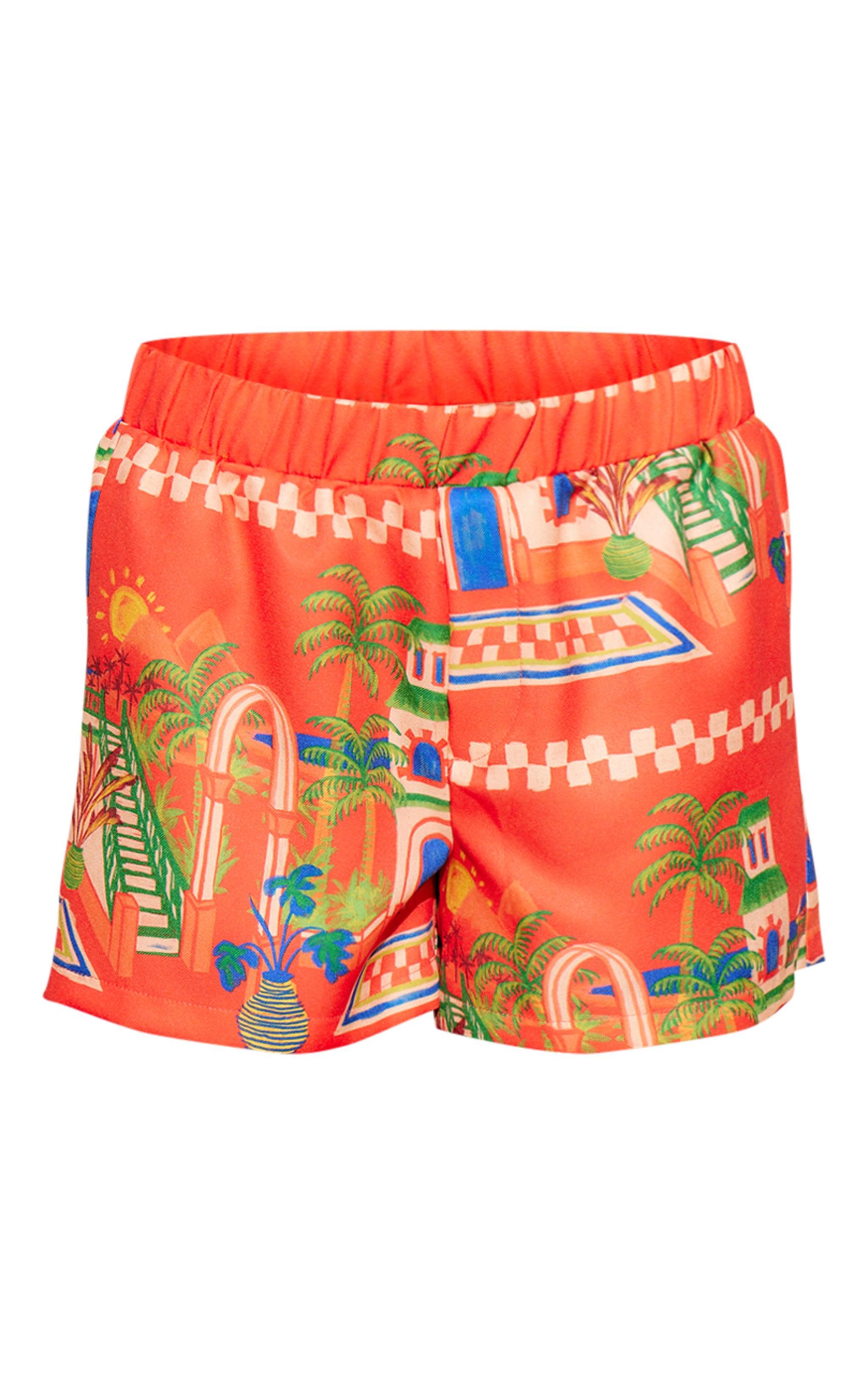 Red Print Structured Linen Look Drawstring Shorts Product Image