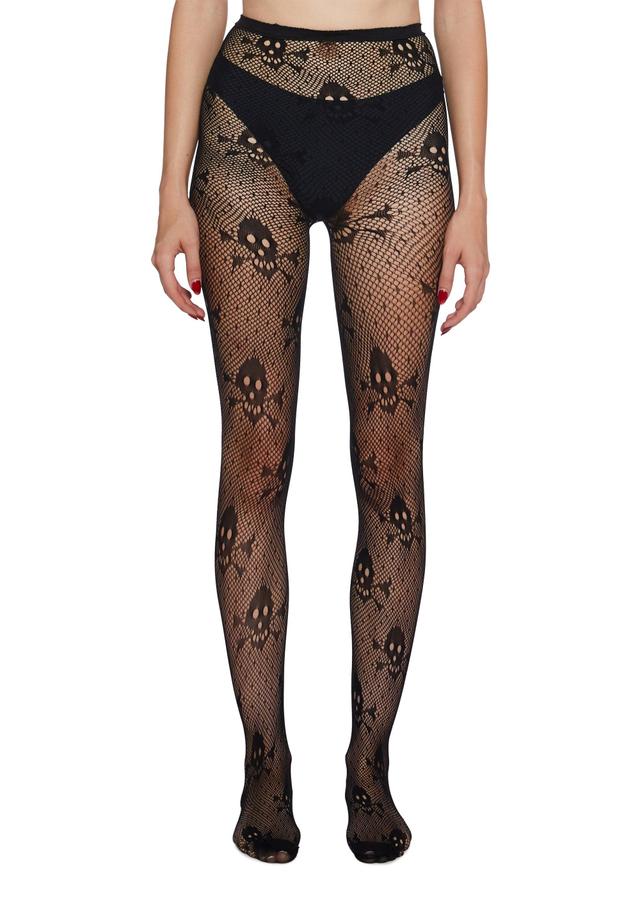 Halloween Pirate Sheer Skull Crossbones Fishnet Tights - Black Product Image