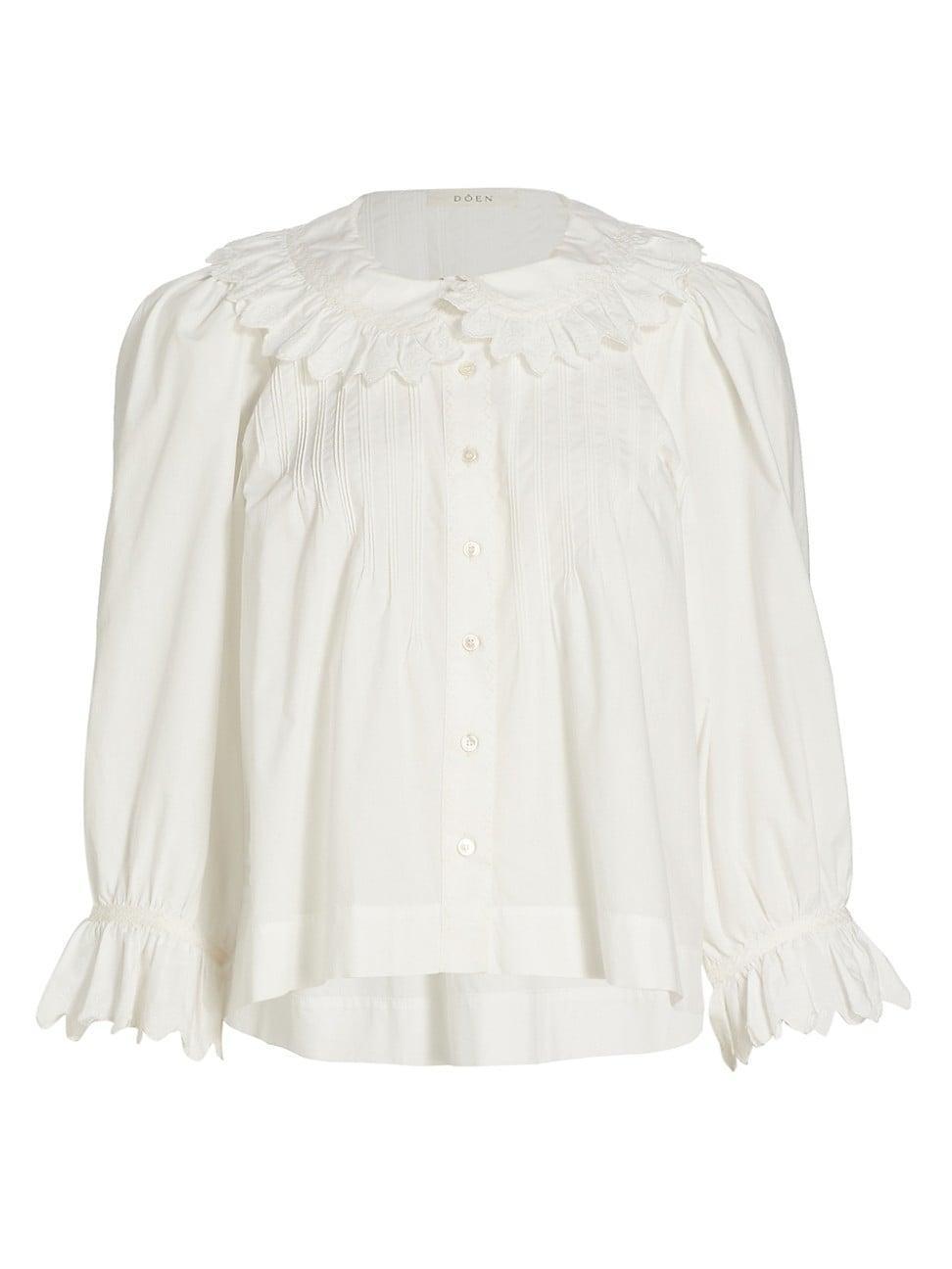 Womens Hickory Cotton Poplin Ruffled-Sleeve Top Product Image