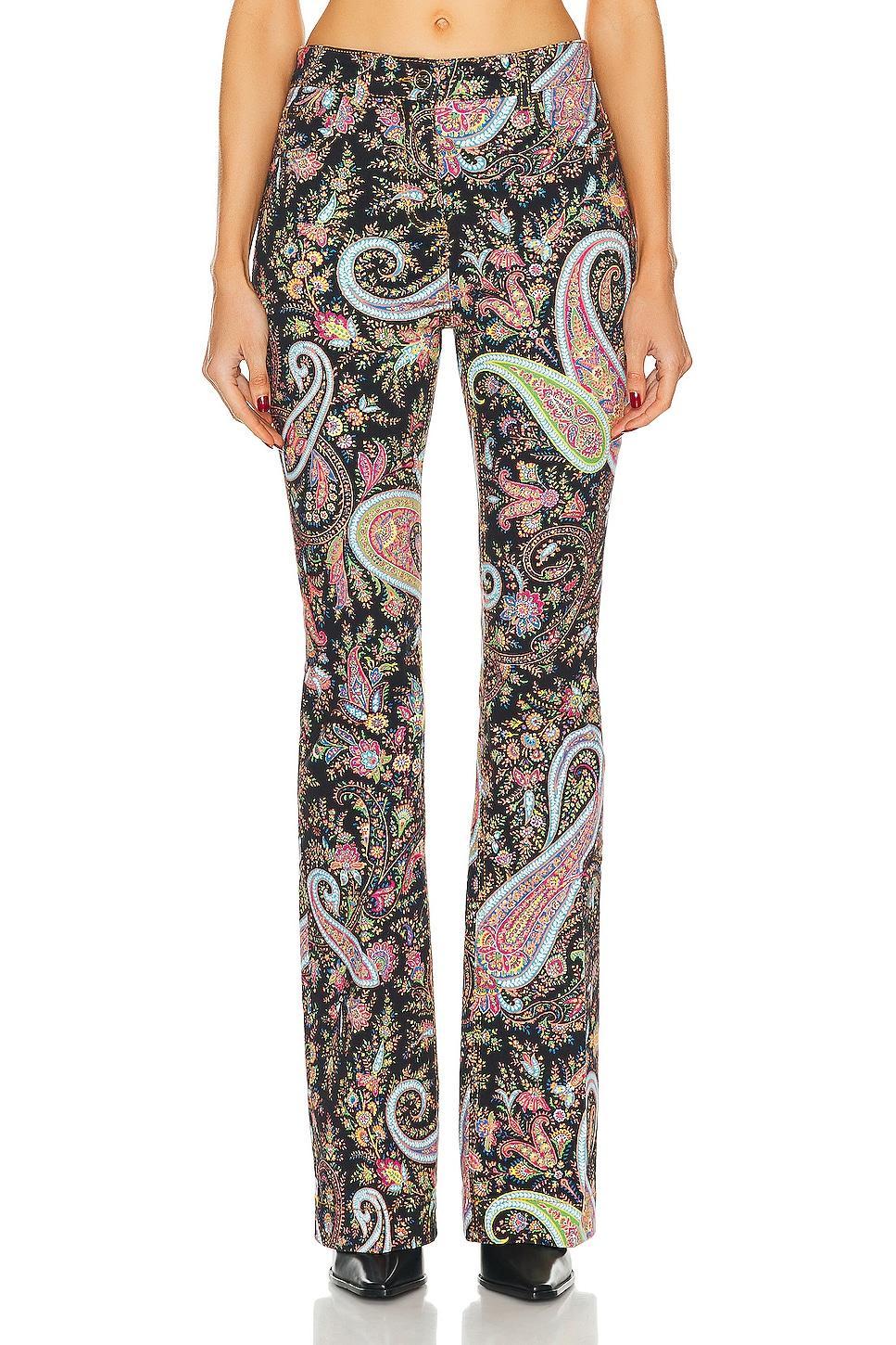 Etro Printed Flare Leg in Black Multi - Pink,Green. Size 27 (also in ). Product Image