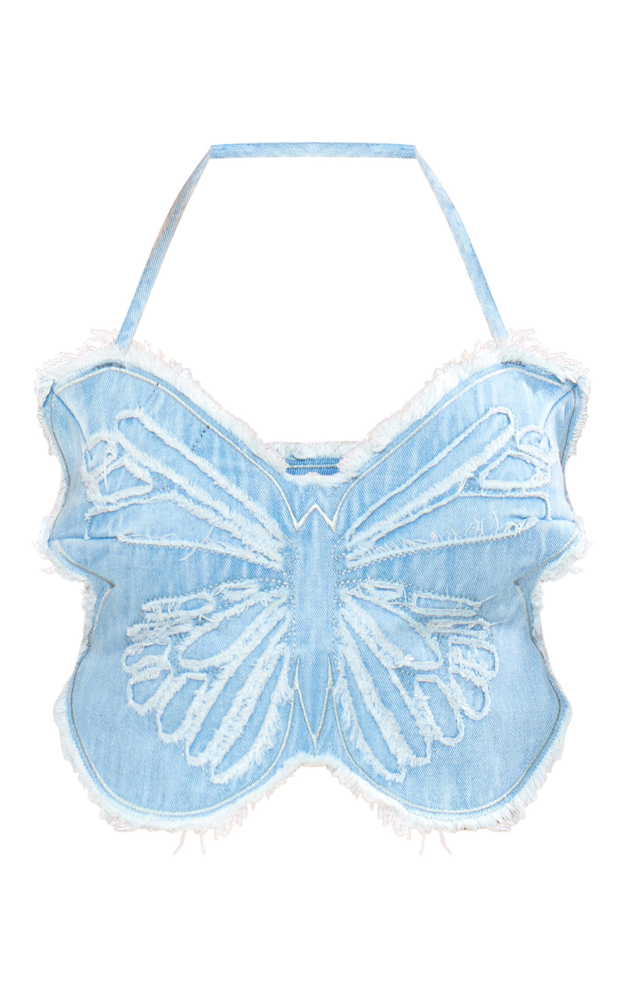 Light Blue Wash Raw Hem Butterfly Crop Top Product Image