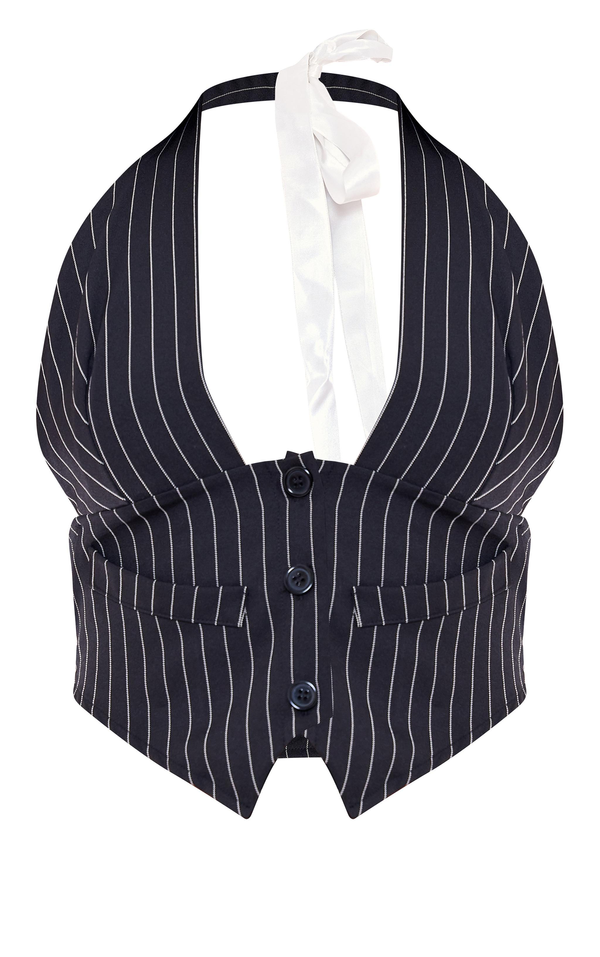 Black Halter Neck Tie Detail Striped Vest Product Image