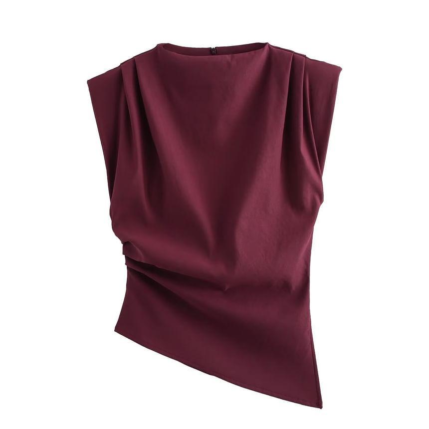 Sleeveless Mock Neck Plain Asymmetrical Ruched Top Product Image