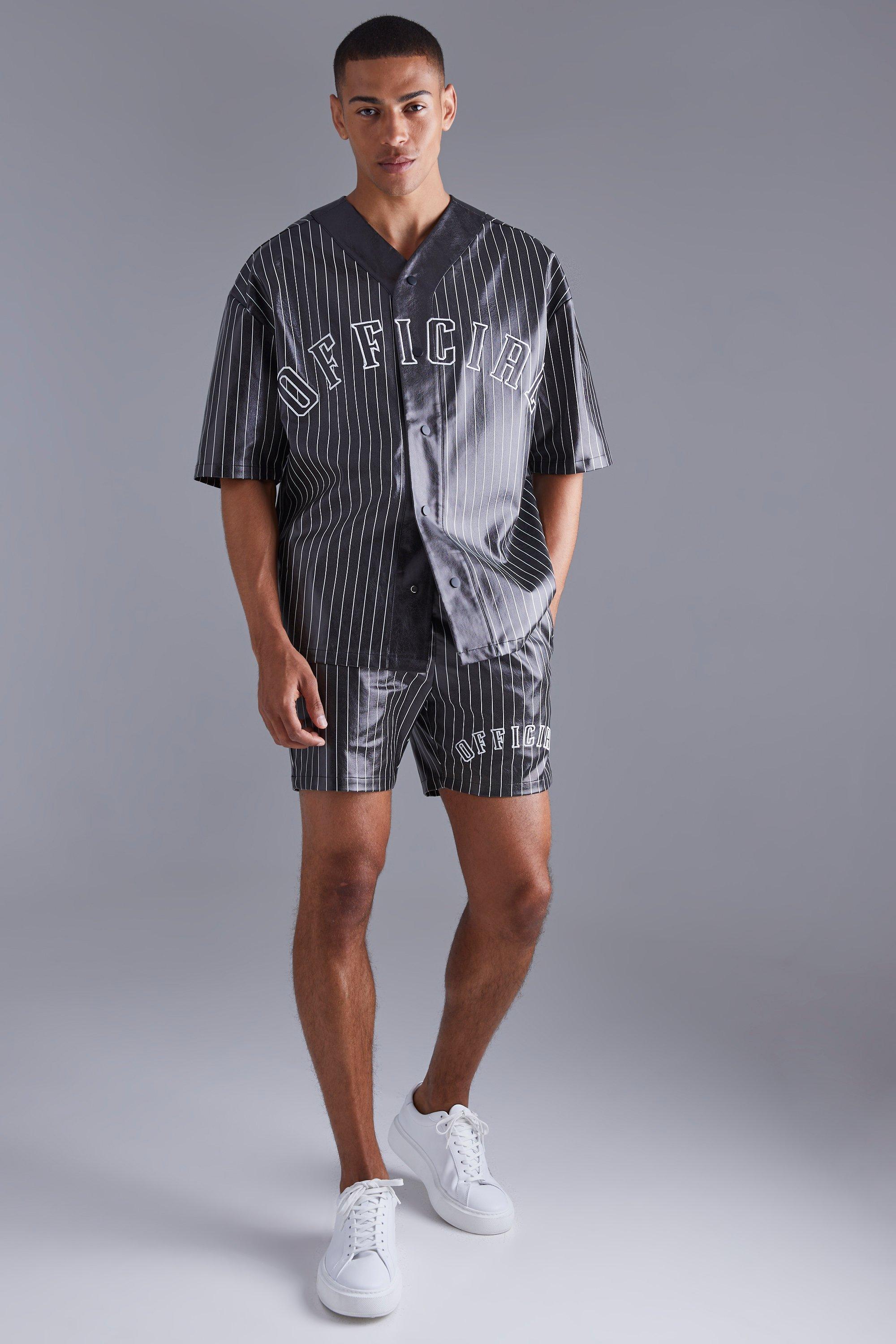 Mens Black Short Sleeve Oversized Pu Baseball Shirt & Short Set, Black Product Image