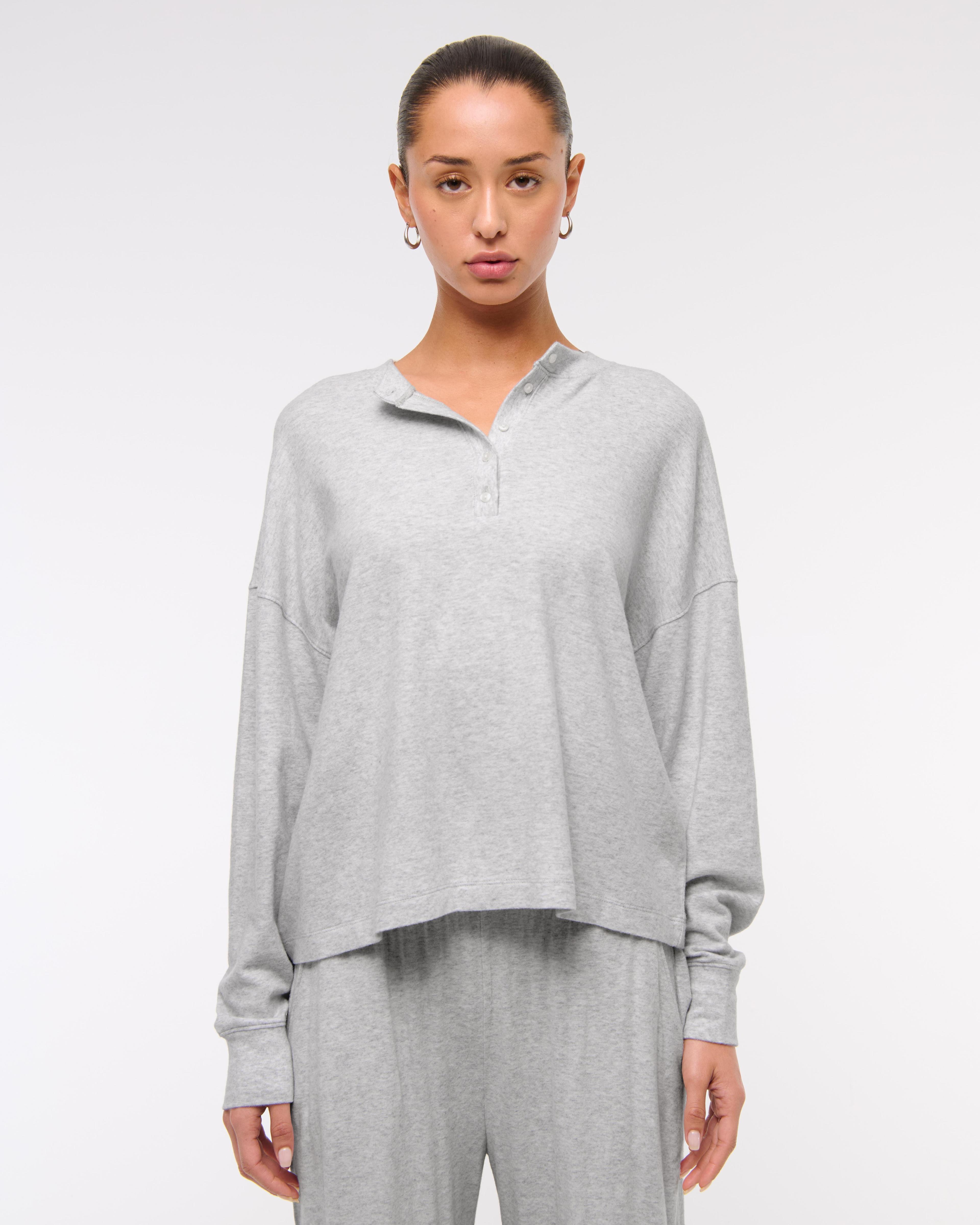 Long-Sleeve Cozy Lounge Knit Oversized Henley Top Product Image