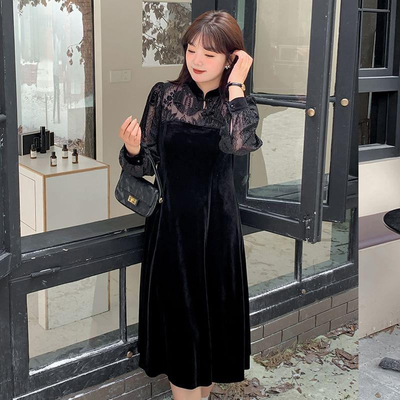 Plus Size Long-Sleeve Mandarin Collar Print Panel Velvet Midi A-Line Dress Product Image