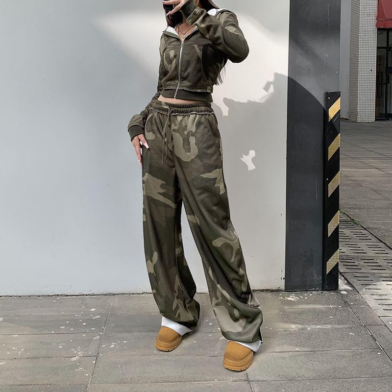 Drawstring Waist Camo Print Wide Leg Pants / Zip Hoodie Product Image