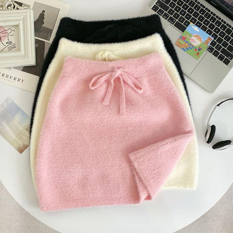 Drawstring Waist Plain Knit Mini Pencil Skirt Product Image