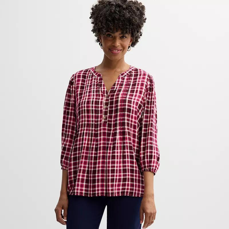 Womens Croft & Barrow Plaid Pintuck Top Festive Pink Plaid Product Image