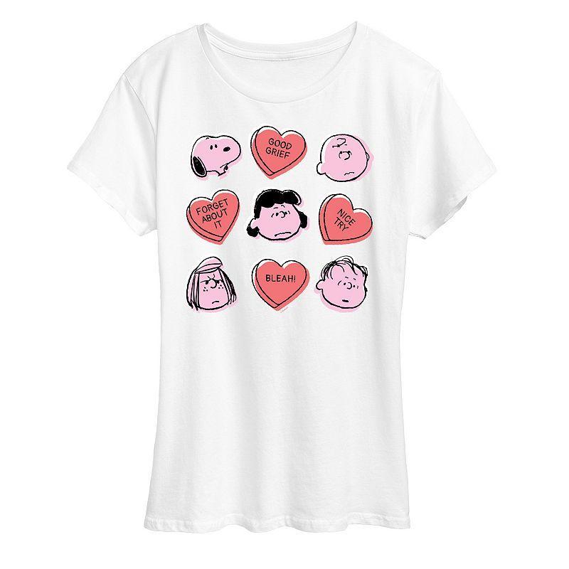 Womens Peanuts Valentines Candy Heart Grid Graphic Tee Product Image