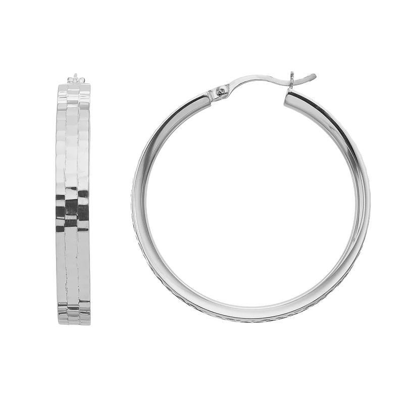 Sterling Silver Hammered Hoop Earrings, Womens, White Over Silver Product Image