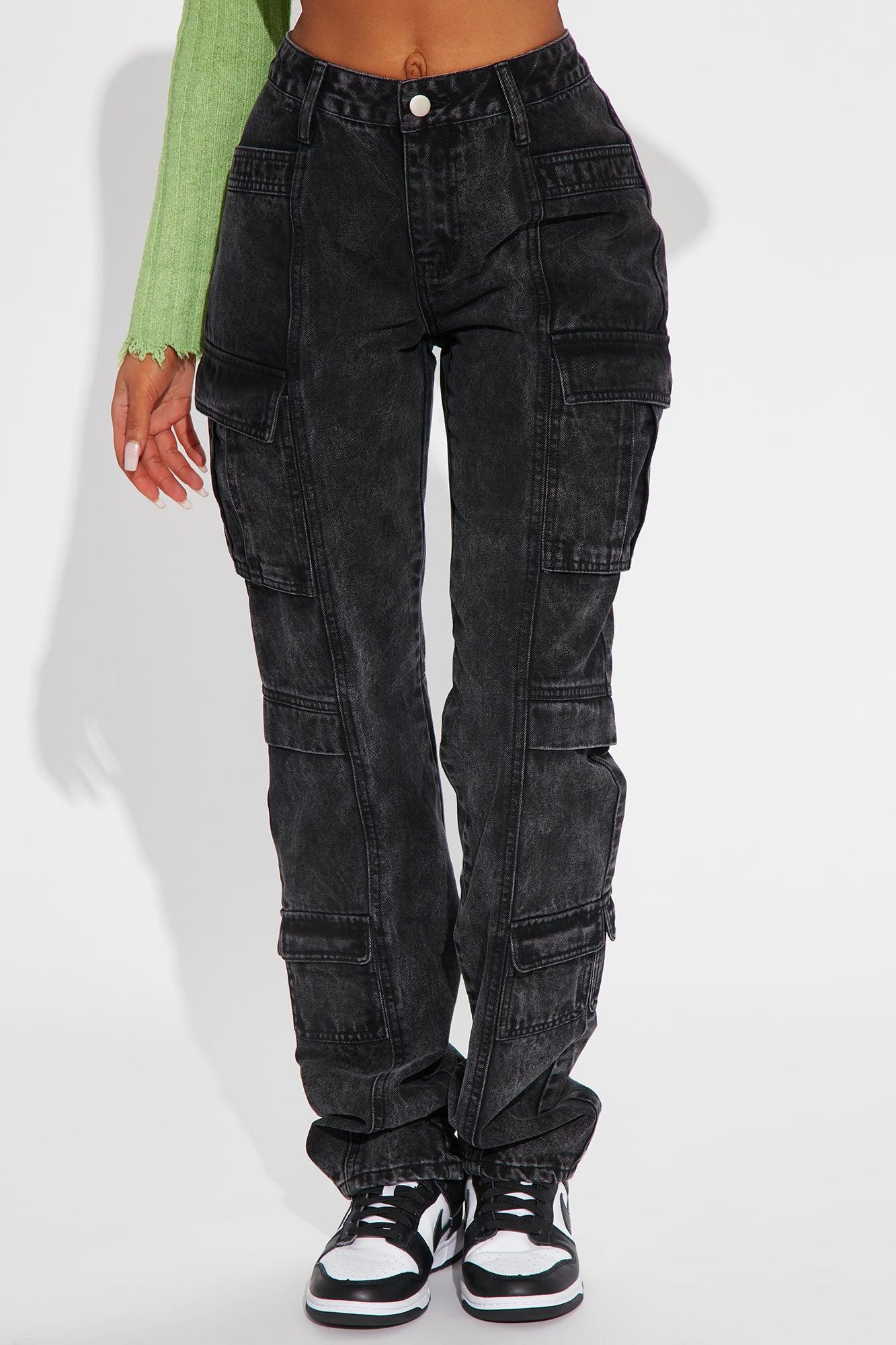 Make A Night Of It Mid Rise Cargo Straight Leg Jeans - Black Wash Product Image