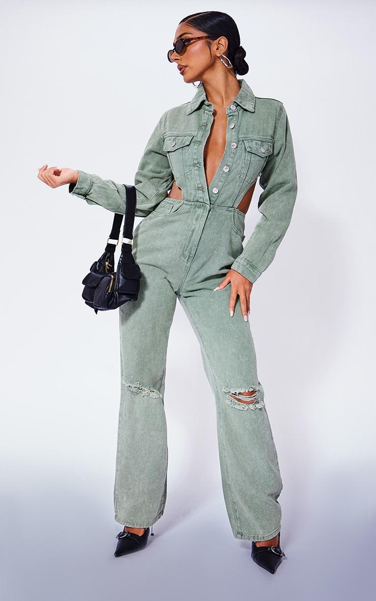 Petite Washed Green Denim Cut Out Jumpsuit Product Image