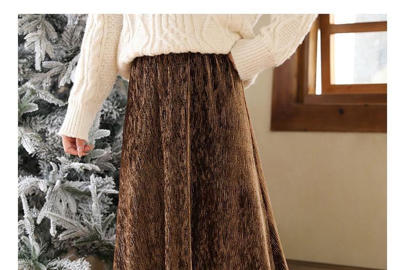 High Rise Plain Velvet Midi A-Line Skirt Product Image