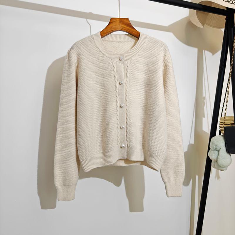 Round Neck Plain Faux Pearl Cardigan Product Image