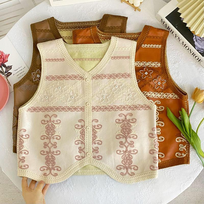 V-Neck Floral Embroidered Button-Up Faux Leather Crop Vest Product Image