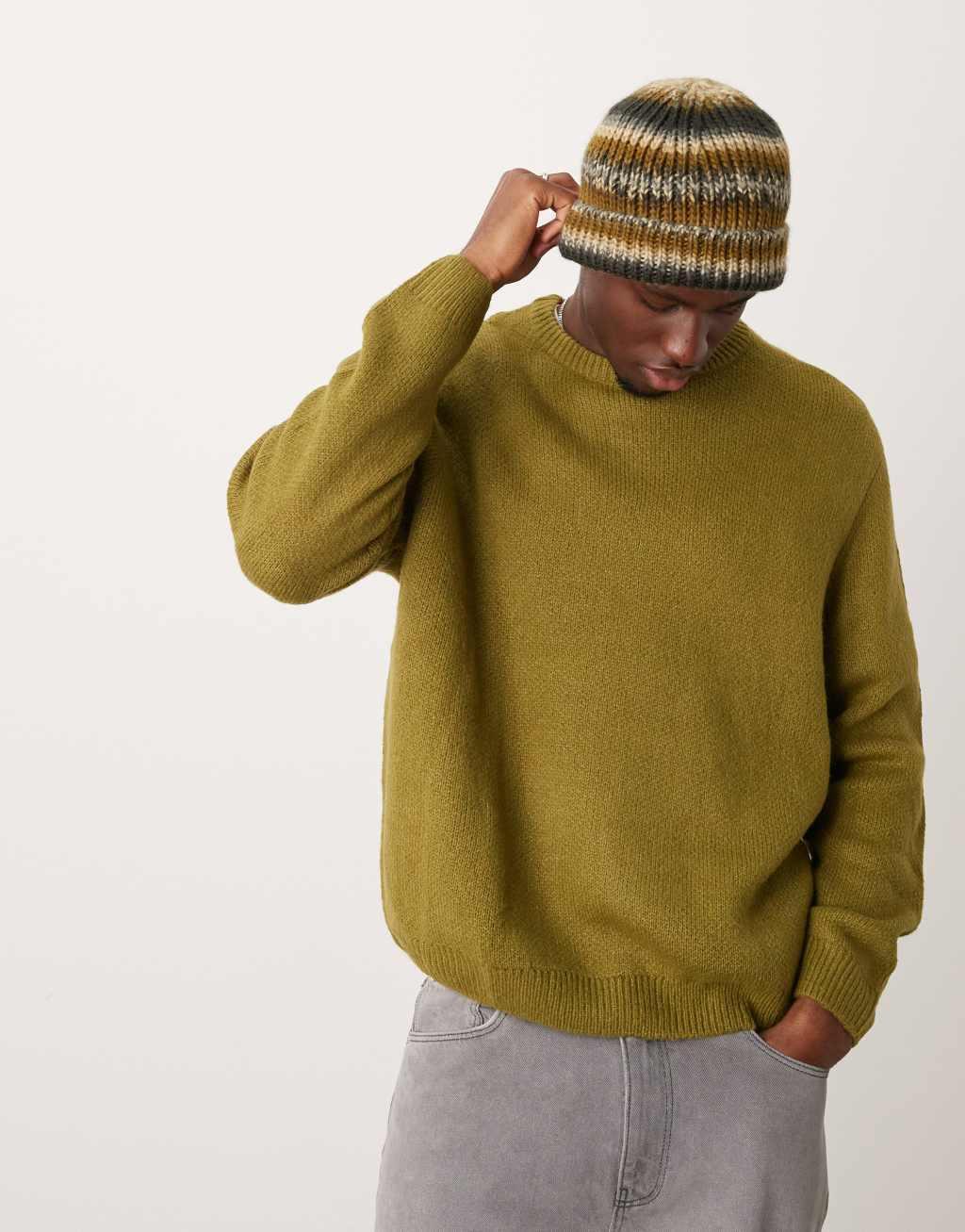 ASOS DESIGN oversized knit brushed crew neck sweater in khaki Product Image