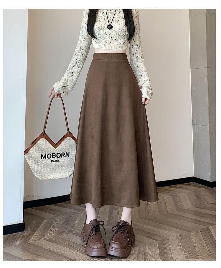 High Waist Plain Faux Suede Midi A-Line Skirt Product Image