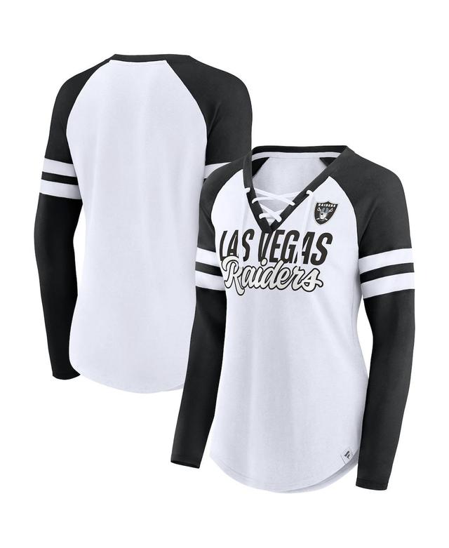 Womens Fanatics White Las Vegas Raiders Plus Size True to Form Lace-Up V-Neck Raglan Long Sleeve T-shirt Product Image