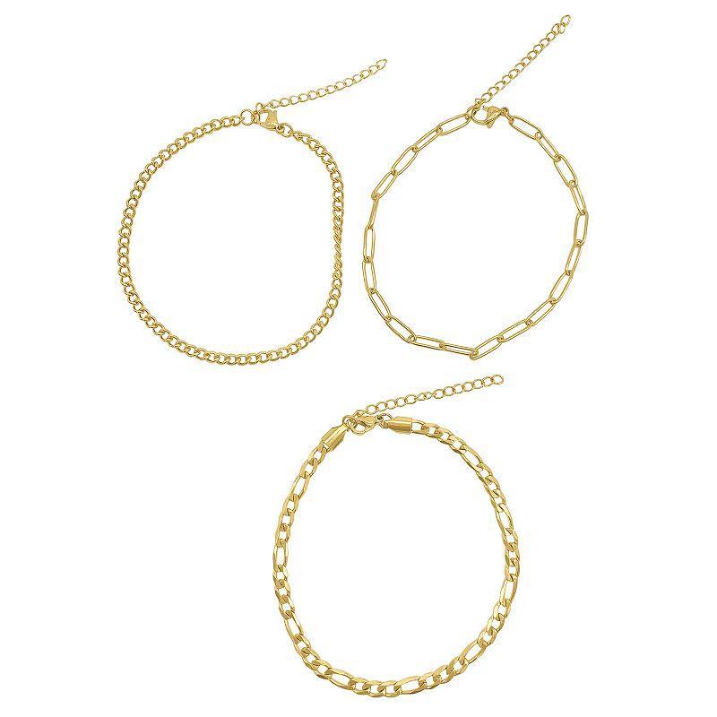 Adornia 14k Gold Plated Stainless Steel Curb Chain, Paper Clip Chain & Figaro Chain Anklet Set, Womens, Gold Tone Product Image