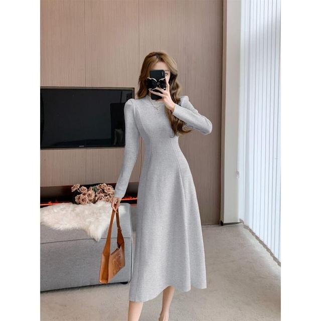 Long-Sleeve Mock Neck Plain Midi A-Line Knit Dress Product Image