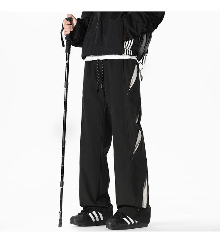 Drawstring Waist Two Tone Zip Panel Straight Leg Pants Product Image