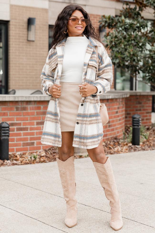 Heard About Us Blue and Tan Plaid Long Shacket Product Image