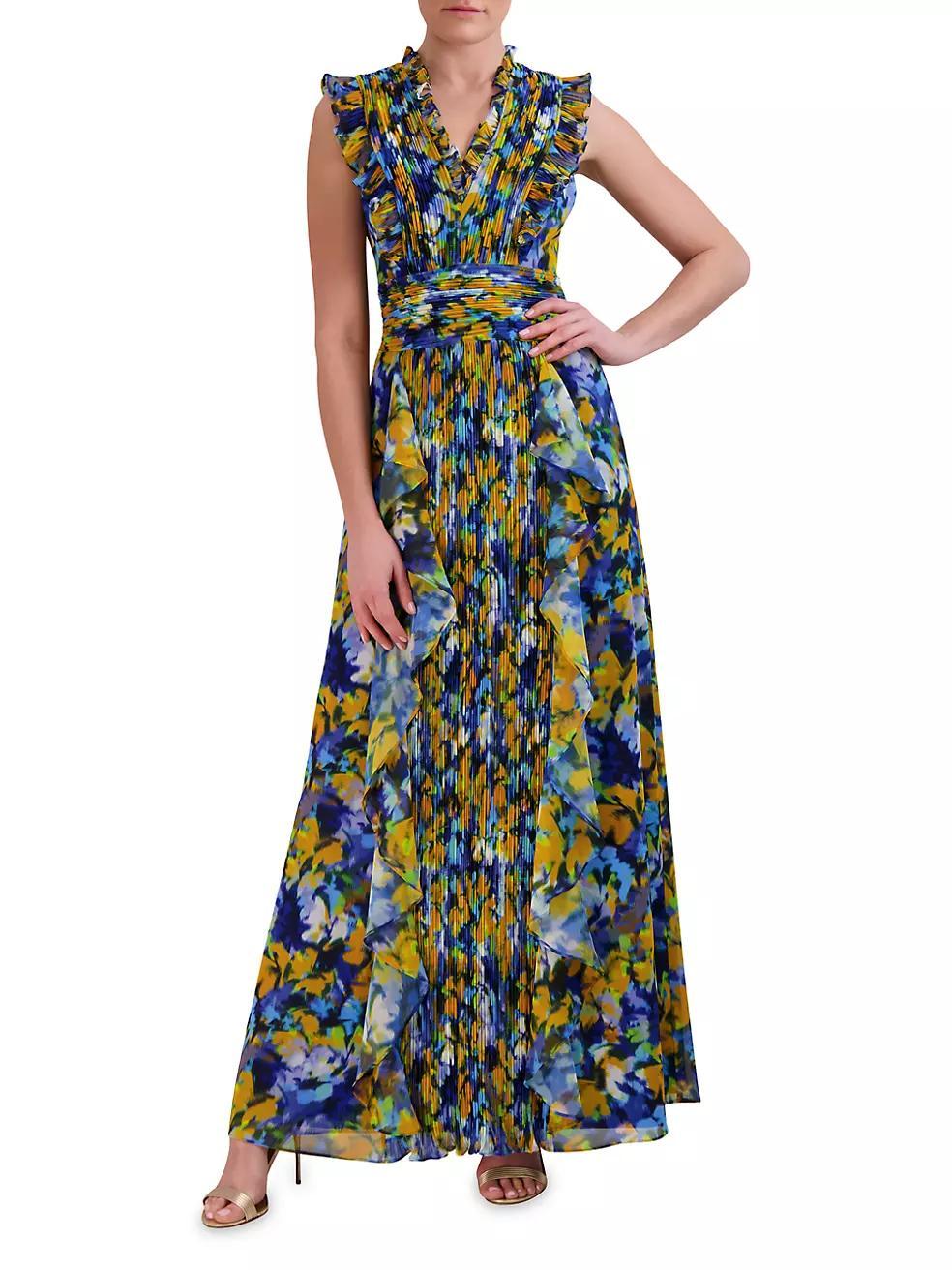 Printed Pleated Ruffle Gown Product Image