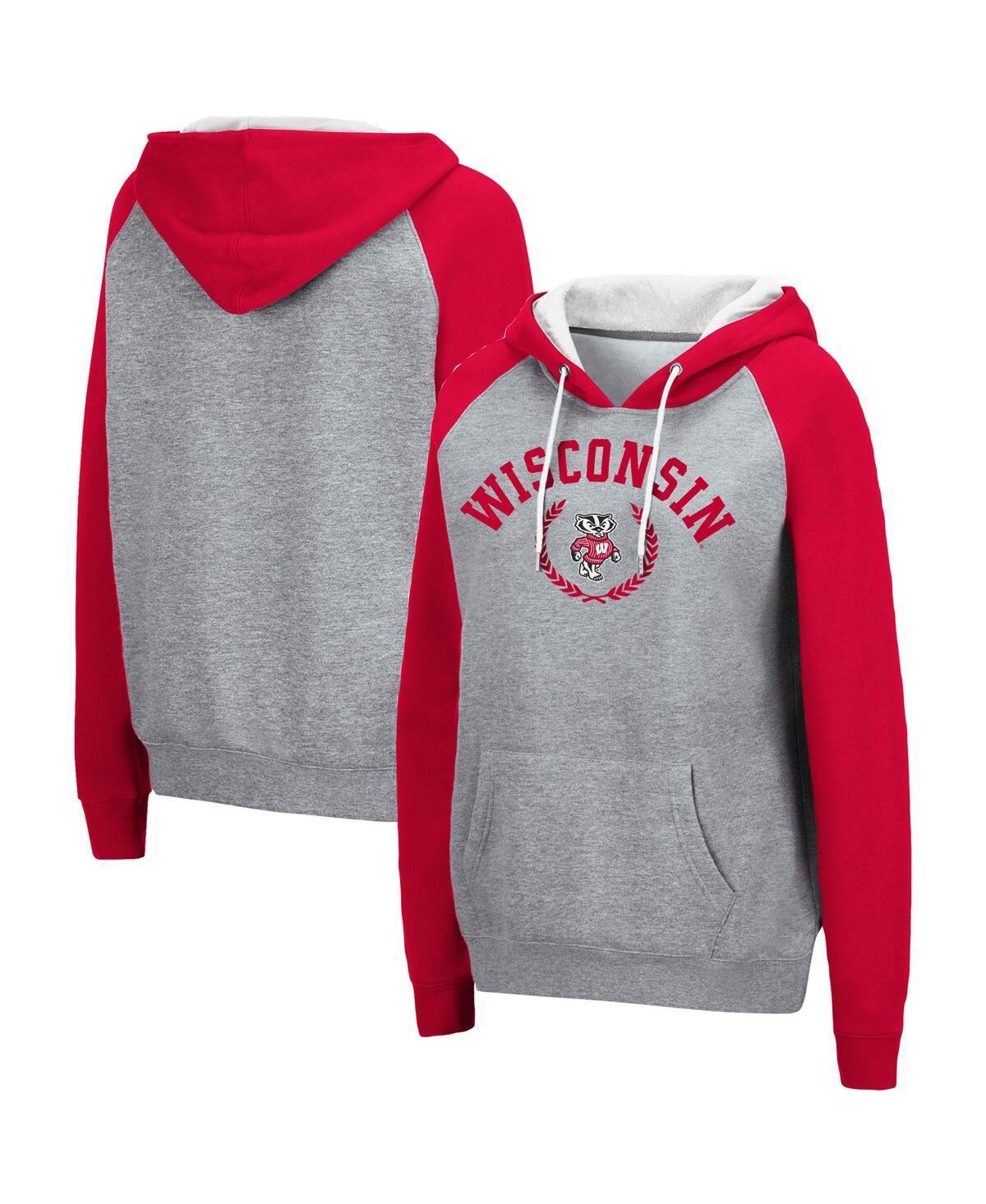 Womens Heather Gray Wisconsin Badgers Contrast Raglan Pullover Hoodie Product Image