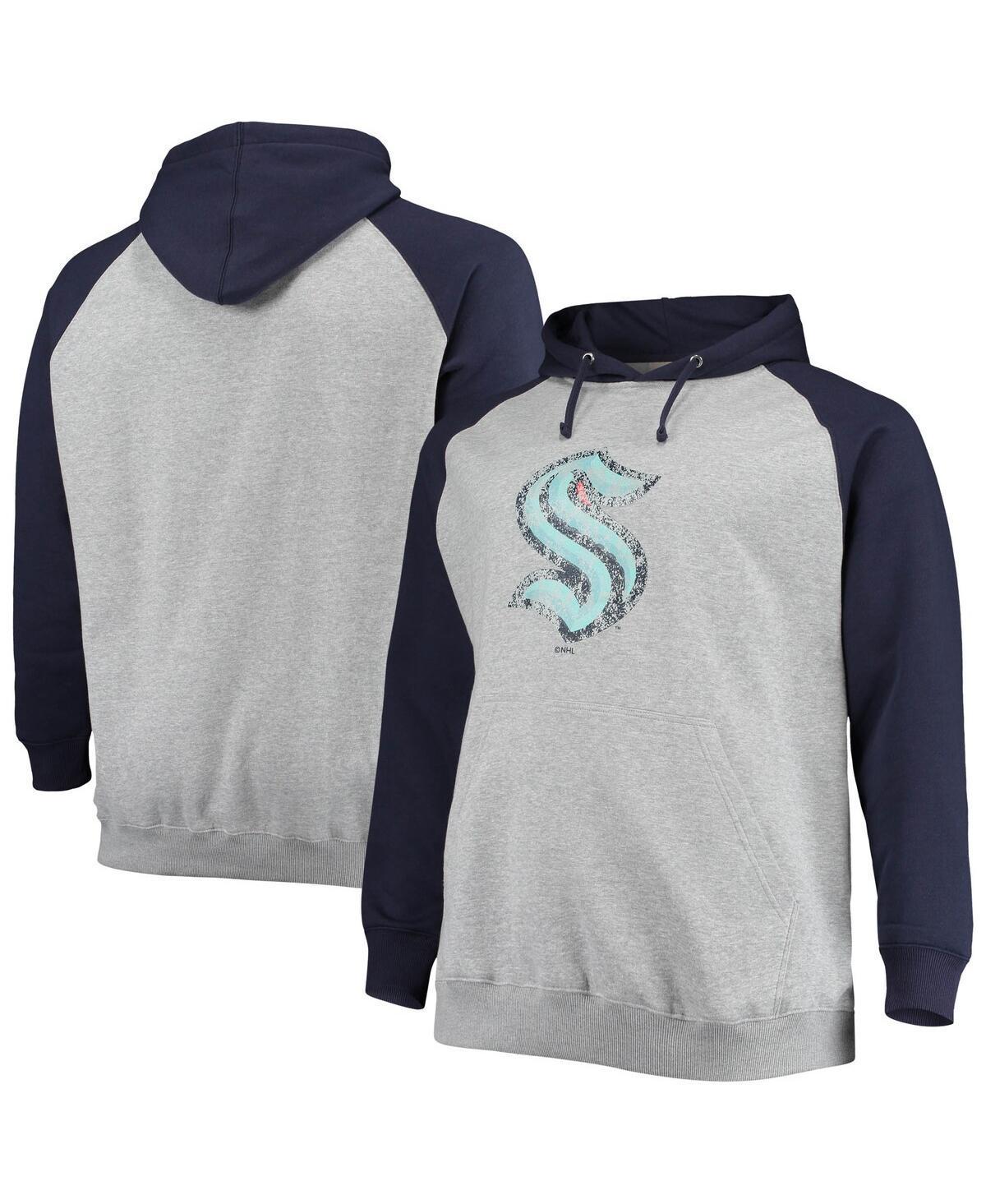 Mens Fanatics Branded Heathered Gray/Deep Sea Blue Seattle Kraken Big & Tall Raglan Pullover Hoodie Product Image