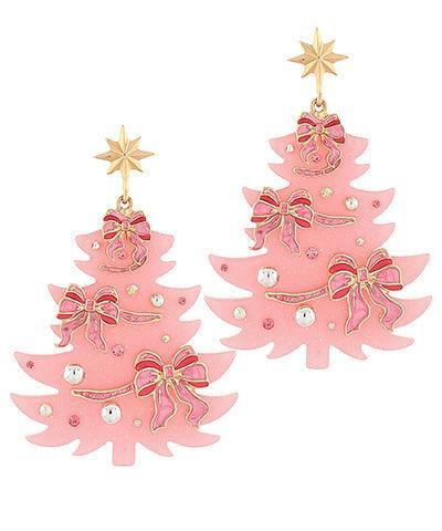 Christmas Tree Bow Earrings- Pink Product Image