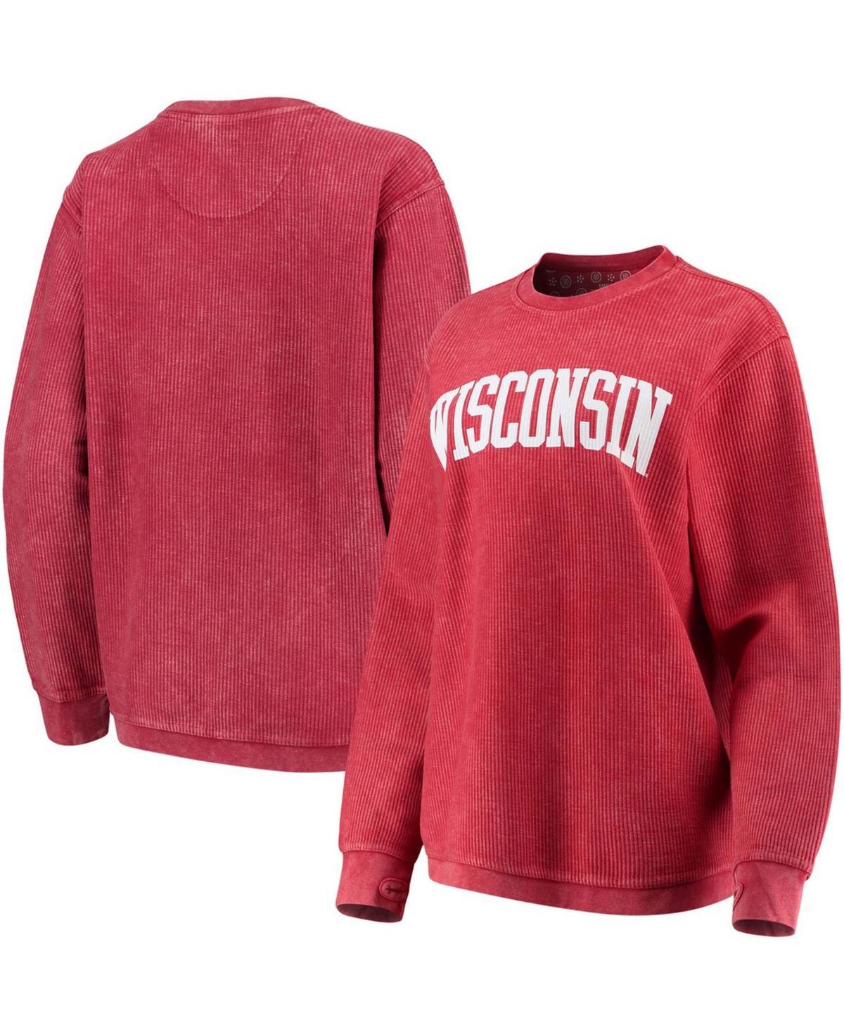 Womens Pressbox Wisconsin Badgers Comfy Cord Vintage Wash Basic Arch Pullover Sweatshirt Product Image