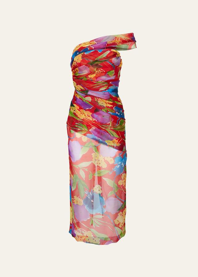 Floral One-Shoulder Ruched Midi Dress with Shoulder Sash Product Image