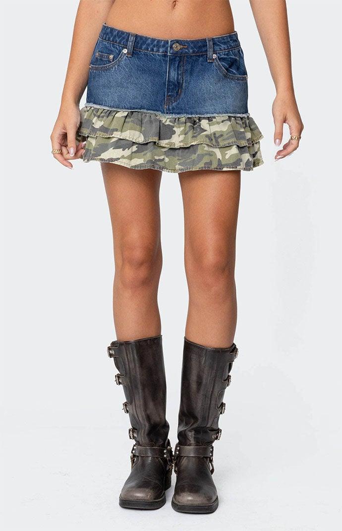 Edikted Women's Camo Ruffle Denim Mini Skirt Product Image