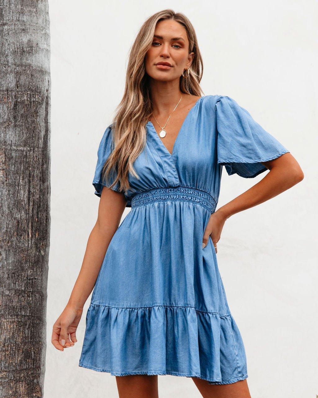 Chambray Split Neck Smocked Mini Dress Product Image