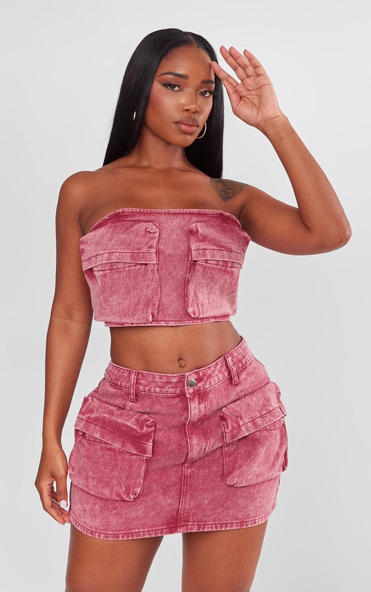 Shape Washed Red Denim Pocket Detail Bandeau Crop Top Product Image