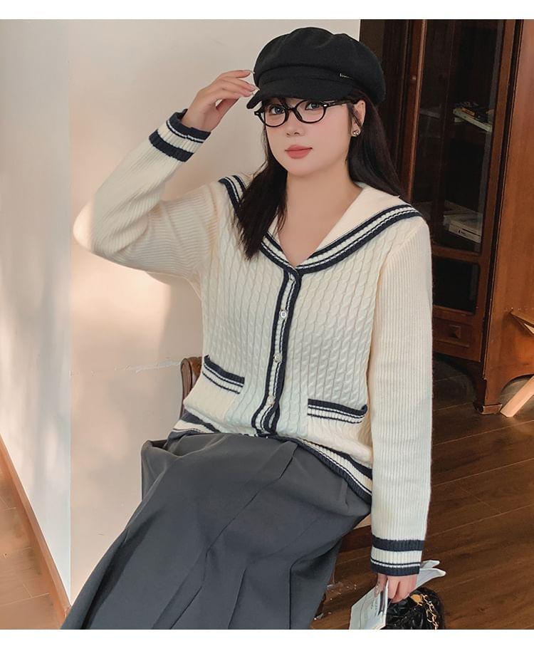 Sailor Collar Striped Cable Knit Cardigan Product Image