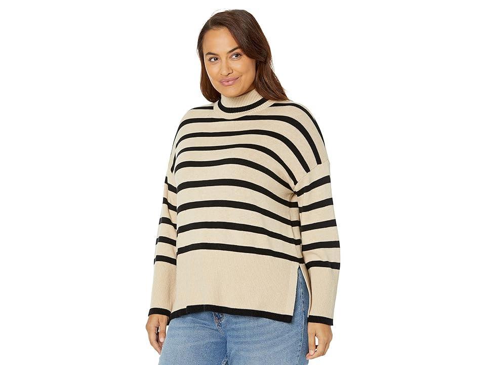 Elliott Lauren Cotton Cashmere Striped Mock Neck Sweater with Wide Rib Trim (Oatmeal) Women's Clothing Product Image