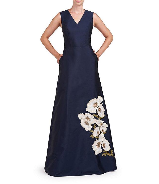 Kay Unger Beaded Floral Print Mikado V-Neck Sleeveless Pocketed A-Line Gown Product Image