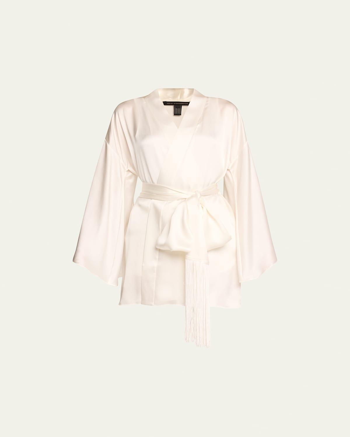 Fringe-Trim Silk Mini Kimono Robe Product Image