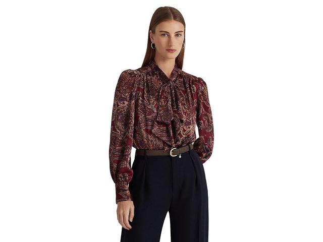 LAUREN Ralph Lauren Klaryce Long Sleeve Blouse (Burgundy Multi) Women's Clothing Product Image