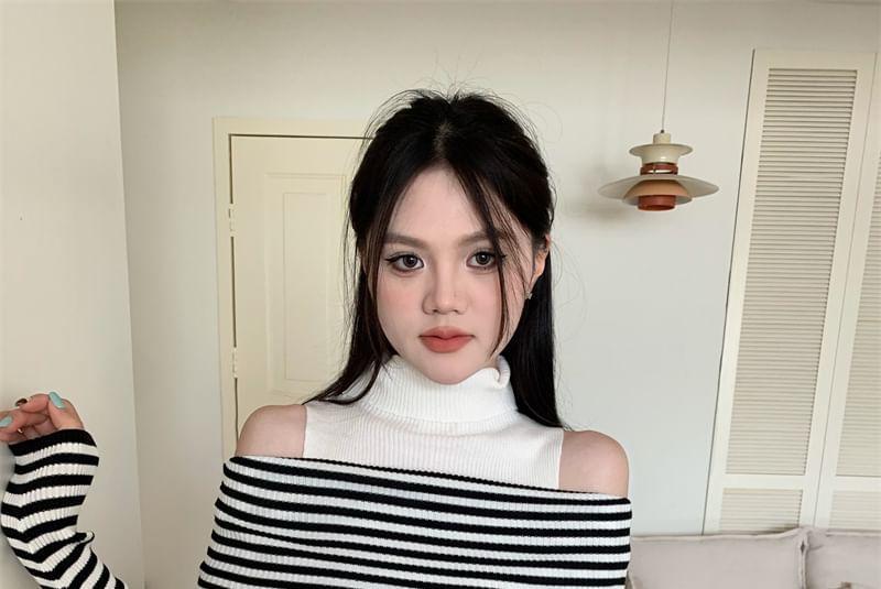 Mock Two-Piece Long-Sleeve Turtleneck Cold Shoulder Striped Knit Top Product Image