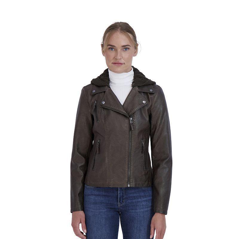 Womens Sebby Collection Hooded Faux-Leather Moto Jacket Black Product Image