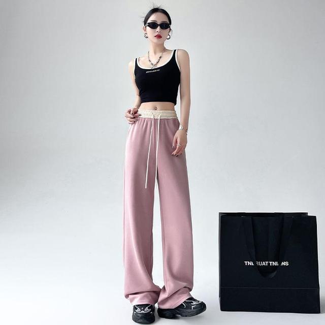 Drawstring Waist Two Tone Wide Leg Sweatpants Product Image