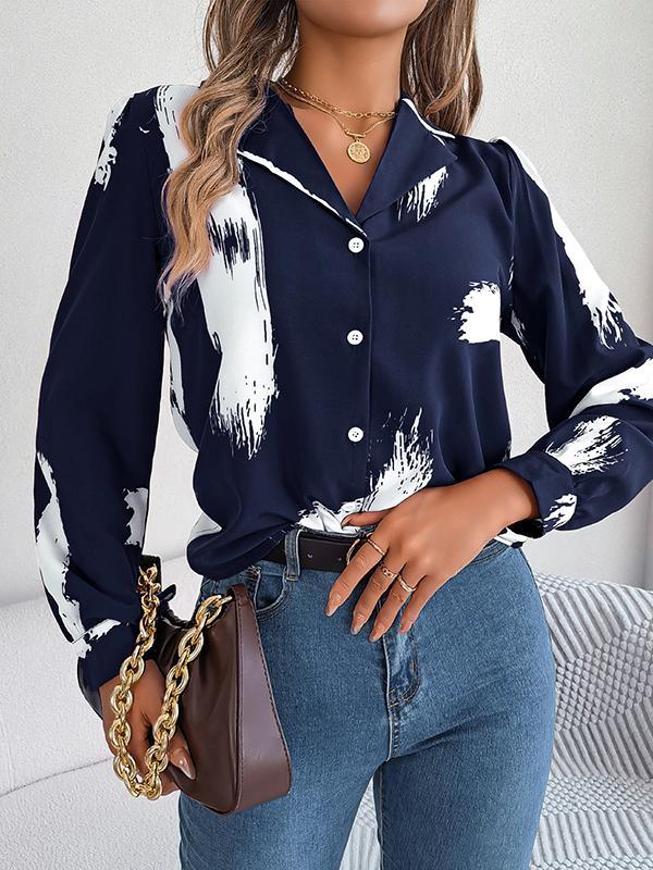 Long Sleeves Loose Buttoned Printed Notched Collar Blouses&Shirts Tops product image