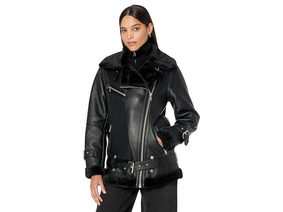 Avec Les Filles Oversized Faux Shearling Biker Jacket Black) Women's Clothing Product Image