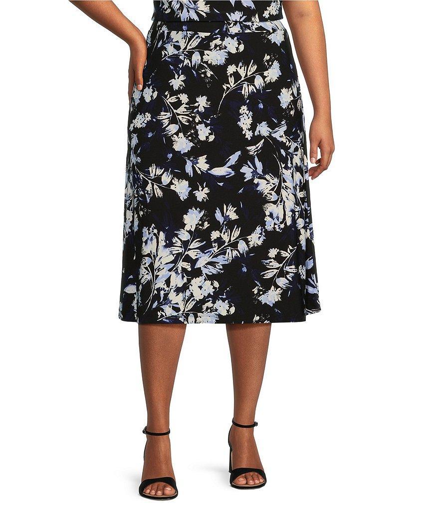 Kasper Plus Size Crepe Floral Print Flare Hem A-Line Midi Skirt Product Image