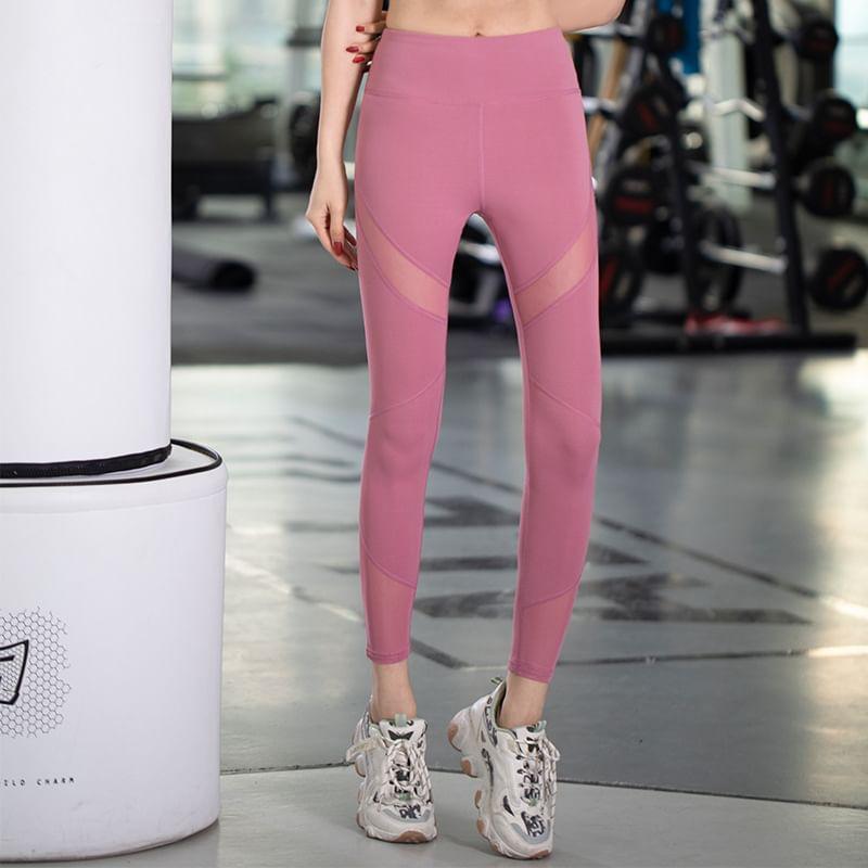 High Waist Plain Panel Mesh Yoga Pants Product Image